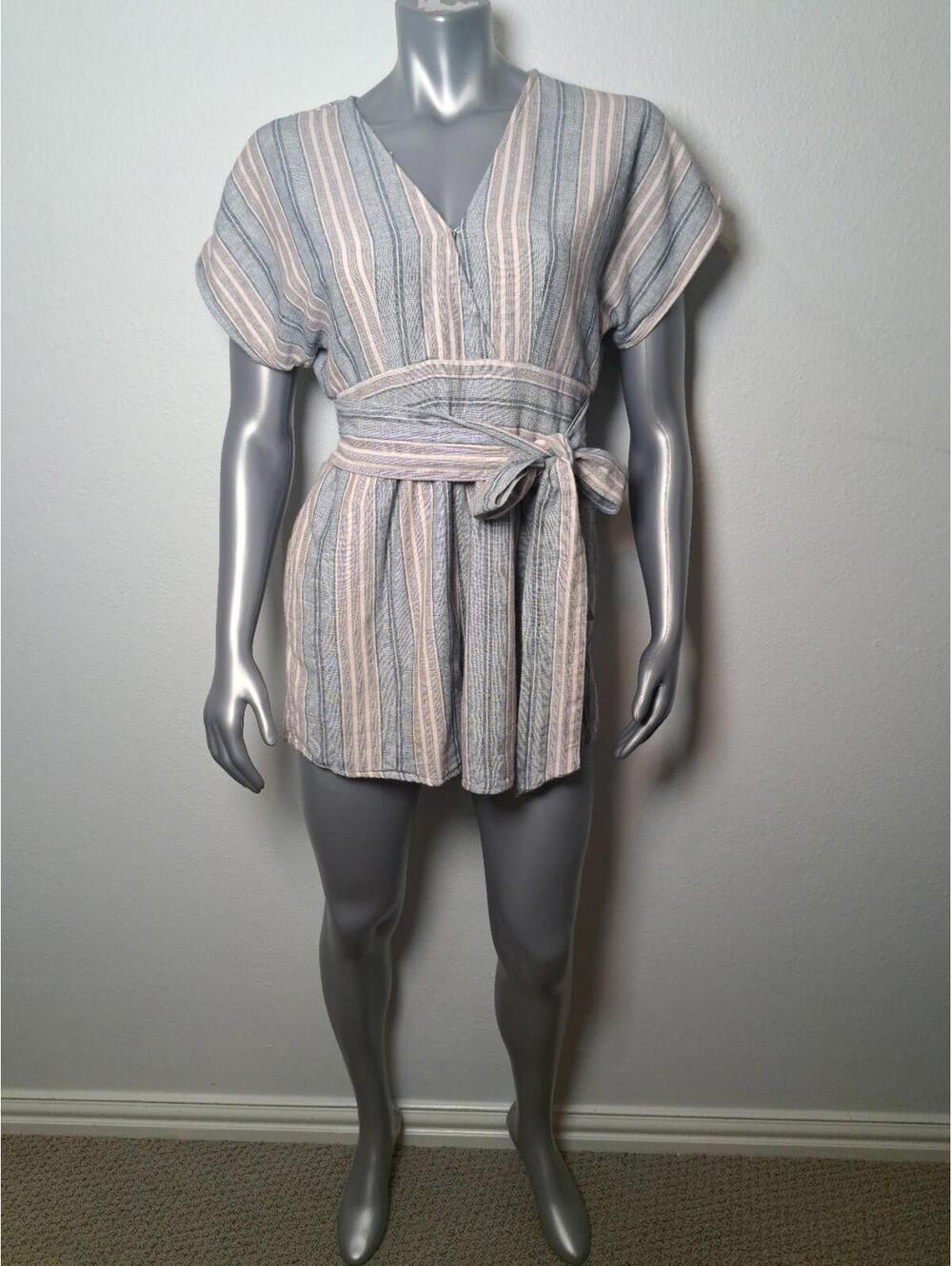 American Eagle Romper L Casual Stripe Keyhole Tie Waist One Piece Summer Blue